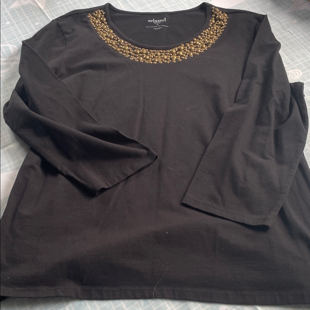 Elegant Black Long Sleeve Top with Gold Embellishments